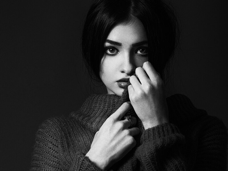 Woman in Sweater — Black, Dramatic, Photograph, Hand