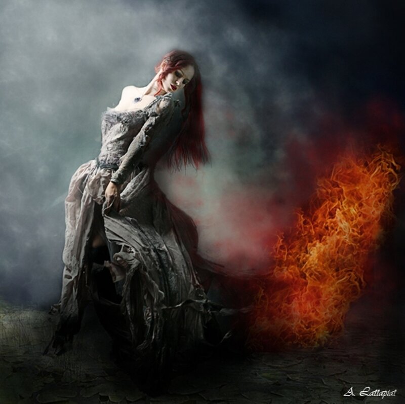 Woman in Tattered Dress — Gray, Dramatic, Night