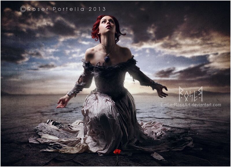 Woman in Tattered Dress — Gray, Dramatic, Sunset