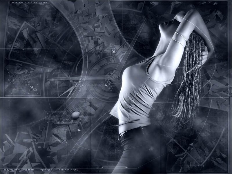 woman in tech-themed artwork