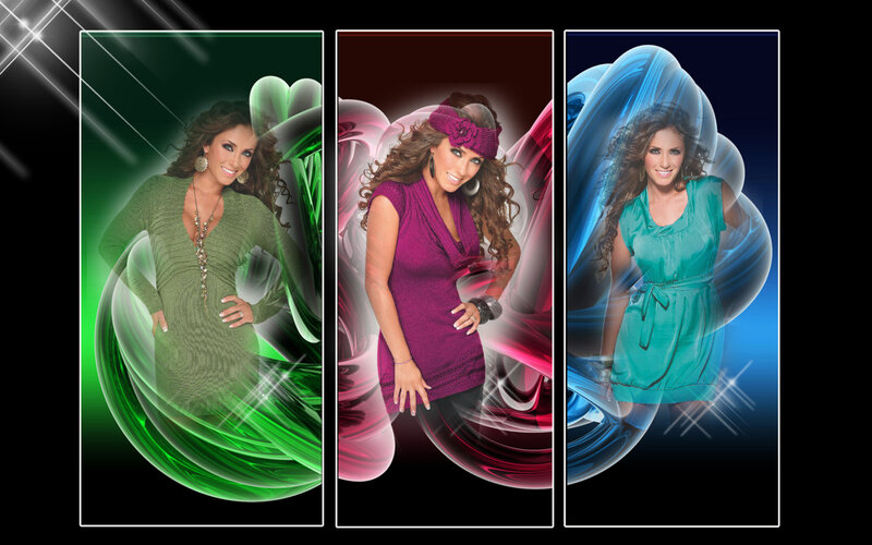 Woman in three colorful outfits