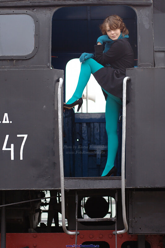 Woman in tights on train