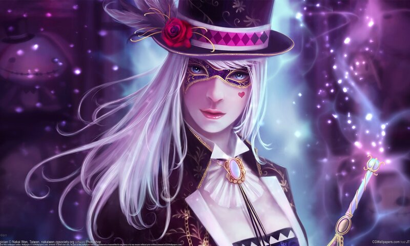 Woman in Top Hat and Mask — Purple, Dramatic, Digital Art, Top Hat