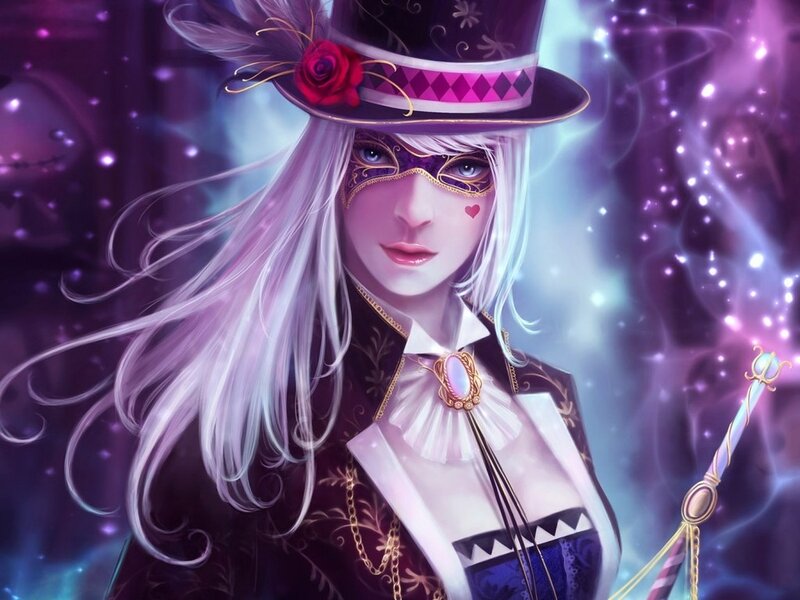 Woman in Top Hat and Mask — Purple, Dramatic