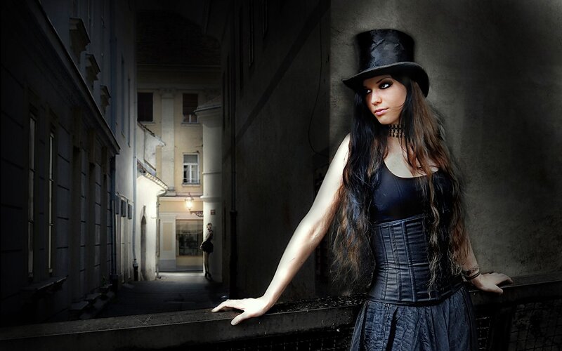 Woman in Top Hat — Black, Dramatic, Night, Photograph
