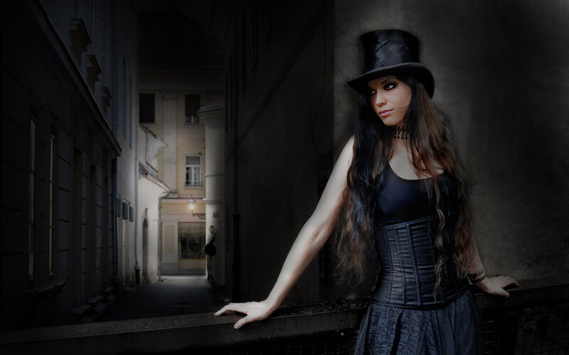 Woman in Top Hat — Black, Dramatic, Night