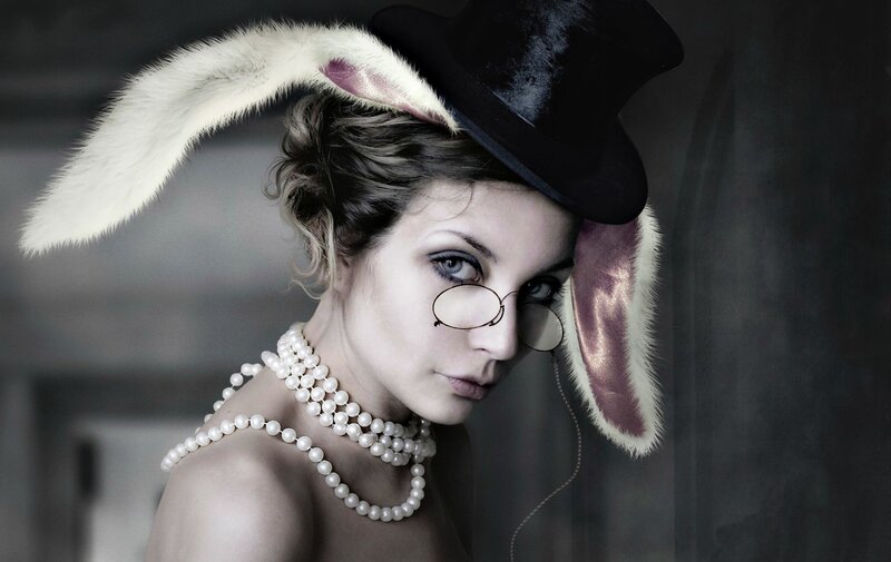 Woman in Top Hat — Black, Dramatic, Photograph, Pearl Necklace