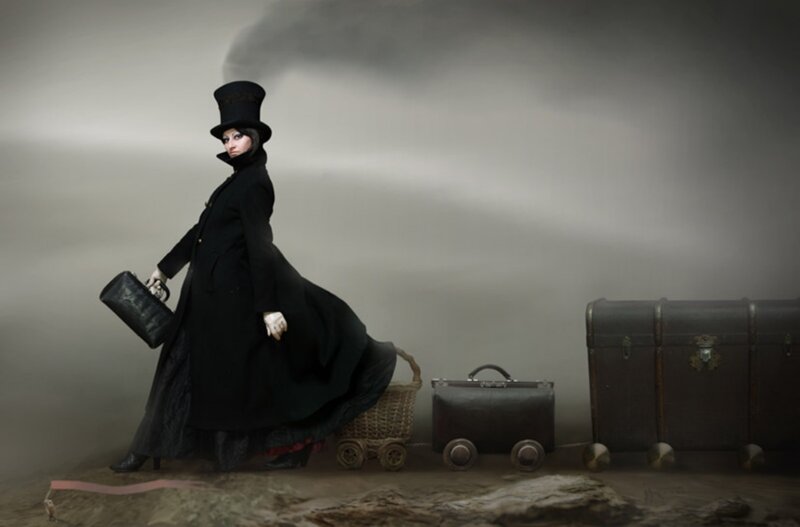 Woman in Top Hat — Black, Dramatic, Photograph