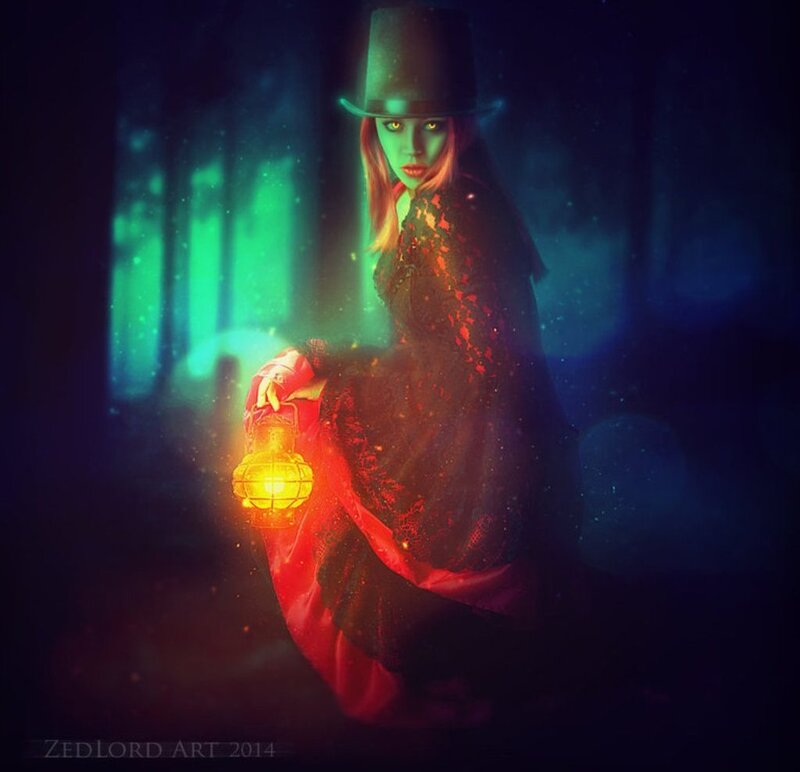 Woman in Top Hat Holding Lantern