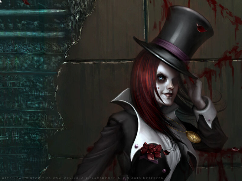 woman in top hat with blood