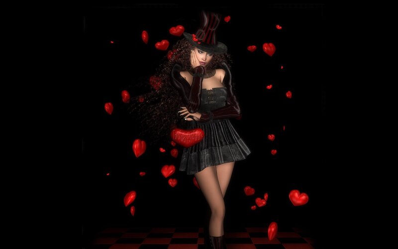 woman in top hat with red hearts