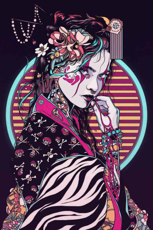 Woman in Traditional Attire — Black, Dramatic, Night, Digital Art, Flowers