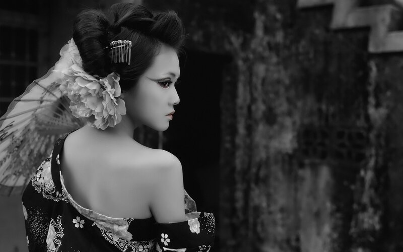 Woman in Traditional Attire — Black, Dramatic, Photograph, Kimono