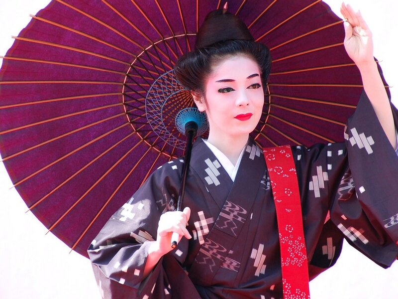 Woman in Traditional Attire — Black, Dramatic, Photograph, Kimono, Umbrella