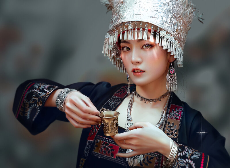 Woman in Traditional Attire — Black, Serene, Digital Art