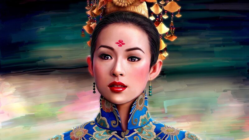 Woman in Traditional Attire — Blue, Dramatic, Digital Art, Headdress, Makeup