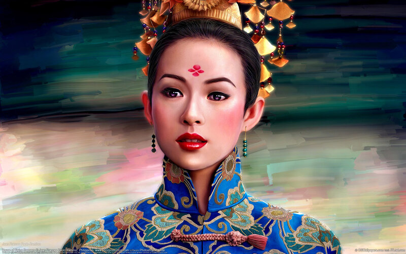 Woman in Traditional Attire — Blue, Dramatic, Digital Art