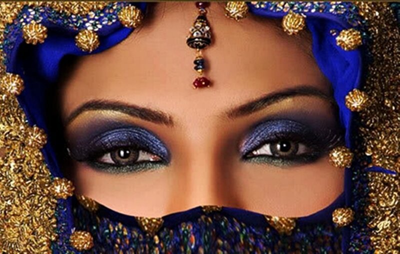 Woman in Traditional Attire — Blue, Dramatic, Photograph, Face Veil