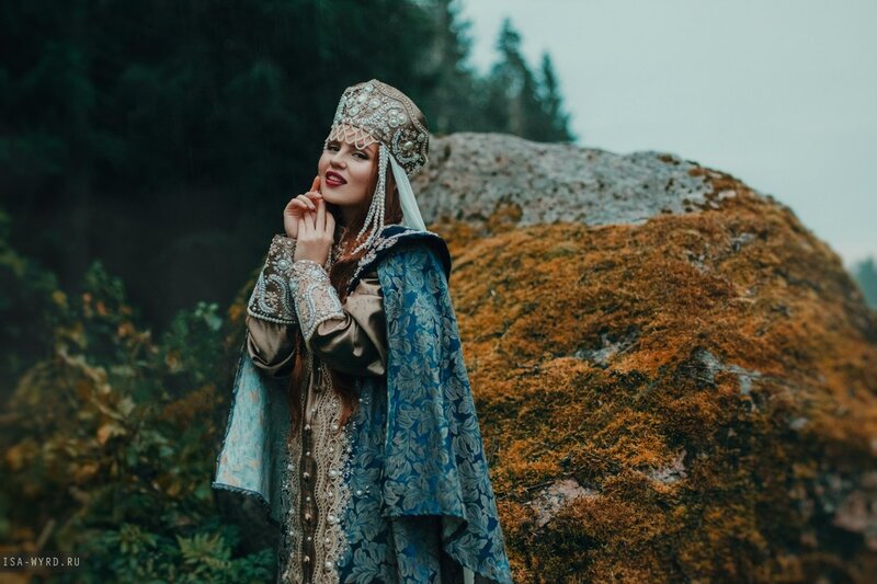 Woman in Traditional Attire — Blue, Dramatic, Photograph, Forest