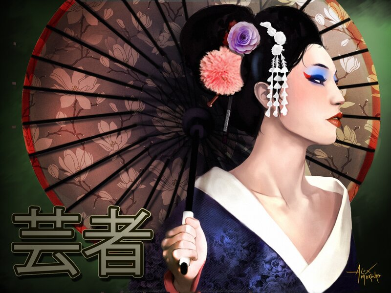 Woman in Traditional Attire — Blue, Serene, Digital Art, Umbrella