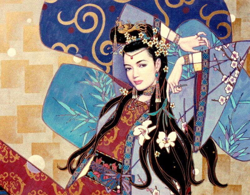 Woman in Traditional Attire — Blue, Serene, Illustration