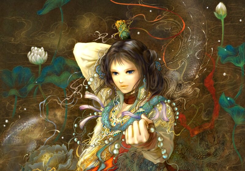 Woman in Traditional Attire — Brown, Serene, Digital Art