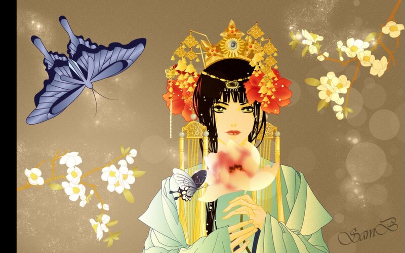 Woman in Traditional Attire — Green, Serene, Digital Art