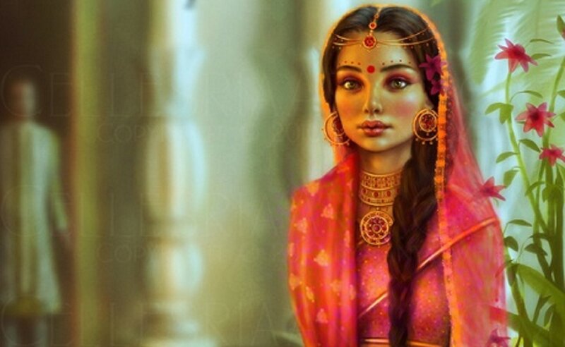 Woman in Traditional Attire — Pink, Serene, Digital Art
