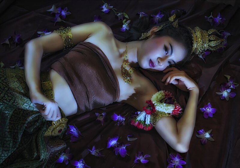 Woman in Traditional Attire — Purple, Dramatic, Night, Photograph