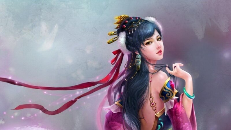 Woman in Traditional Attire — Purple, Serene, Digital Art