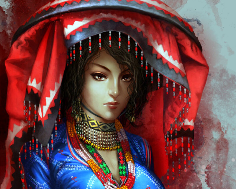 Woman in Traditional Attire — Red, Dramatic, Digital Art, Beaded Necklace
