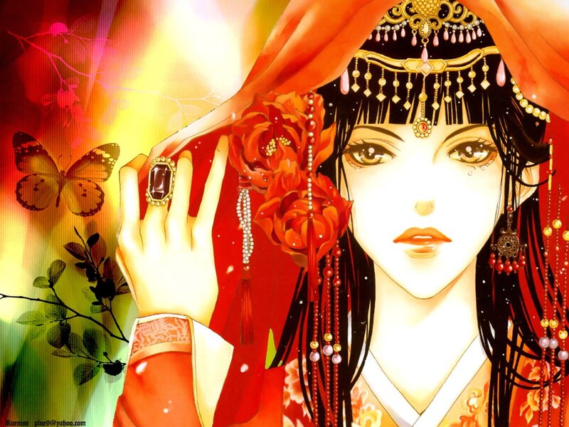 Woman in Traditional Attire — Red, Dramatic, Manga
