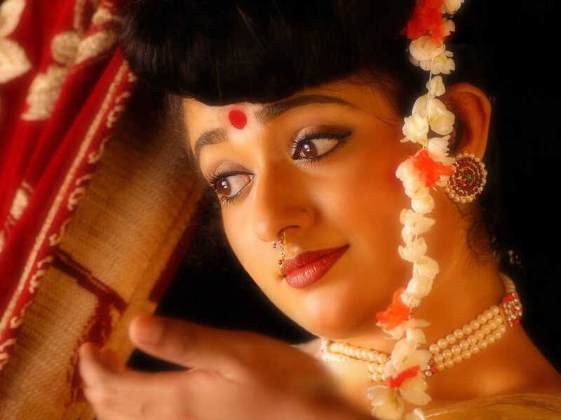 Woman in Traditional Attire — Red, Dramatic, Photograph, Flower Garland