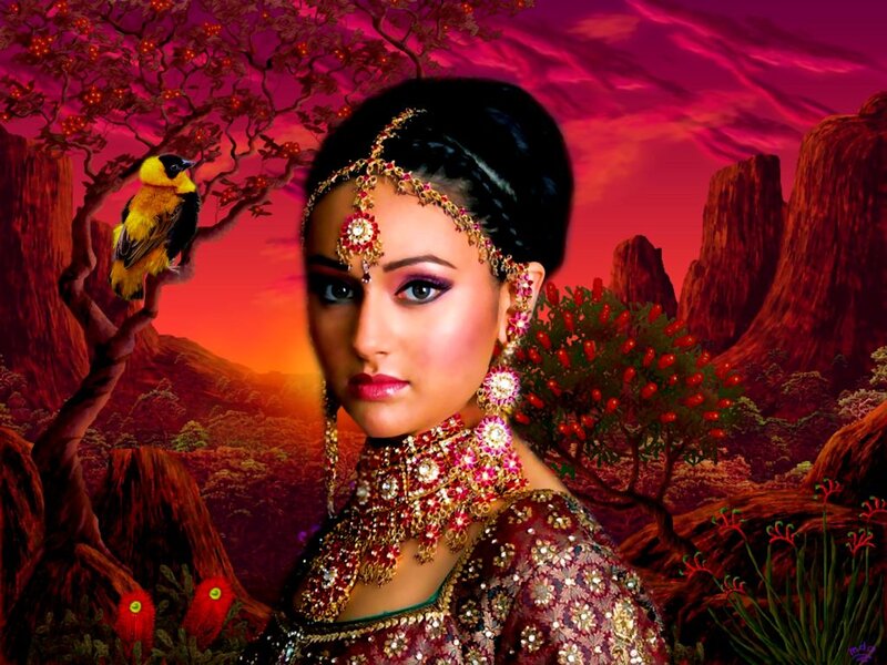 Woman in Traditional Attire — Red, Dramatic, Sunset