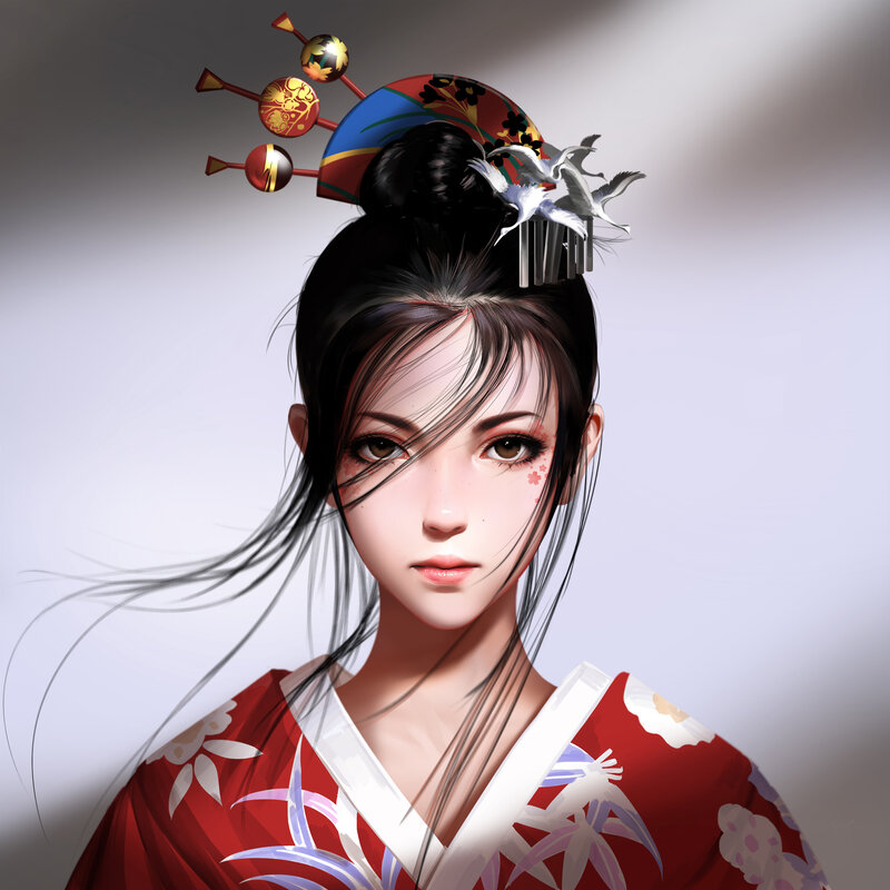 Woman in Traditional Attire — Red, Serene, Digital Art