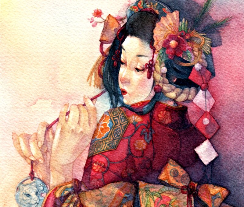 Woman in Traditional Attire — Red, Serene, Illustration