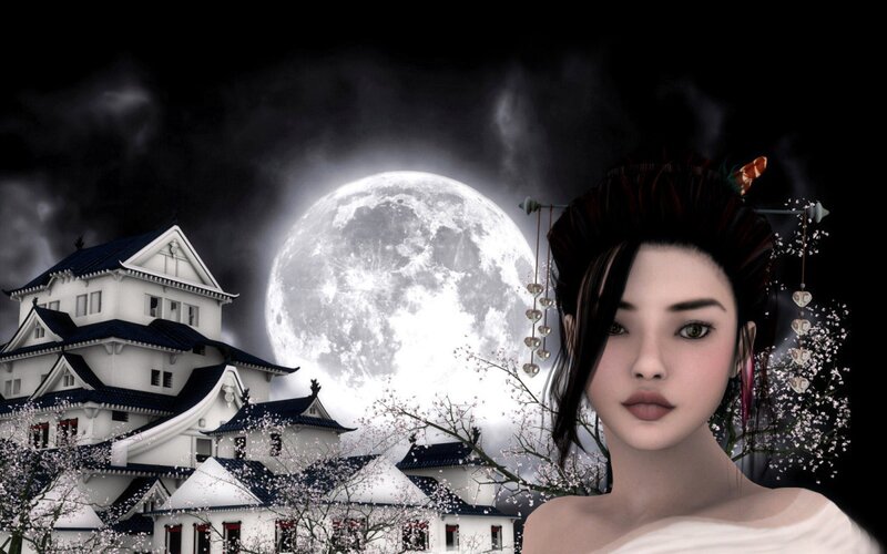 Woman in traditional attire under moon