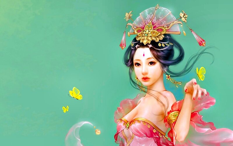 woman in traditional attire with butterflies