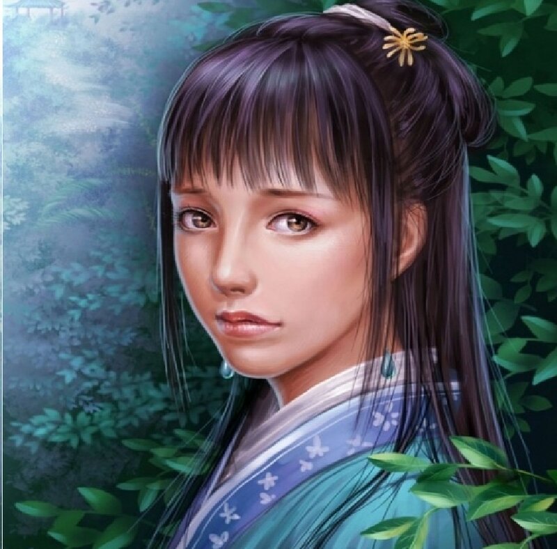 Woman in Traditional Clothing — Blue, Serene, Digital Art