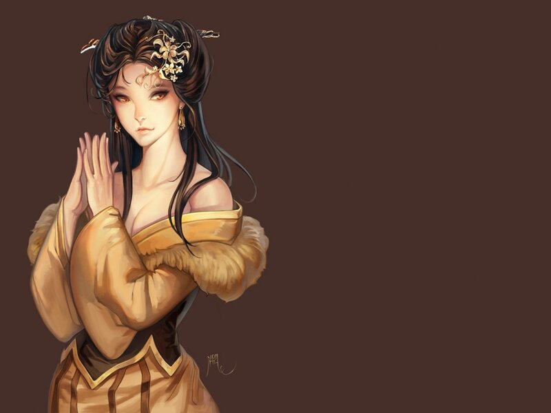 Woman in Traditional Clothing — Brown, Serene, Digital Art