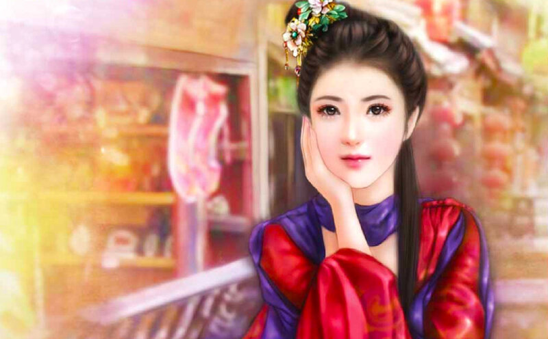 Woman in Traditional Clothing — Red, Calm, Digital Art