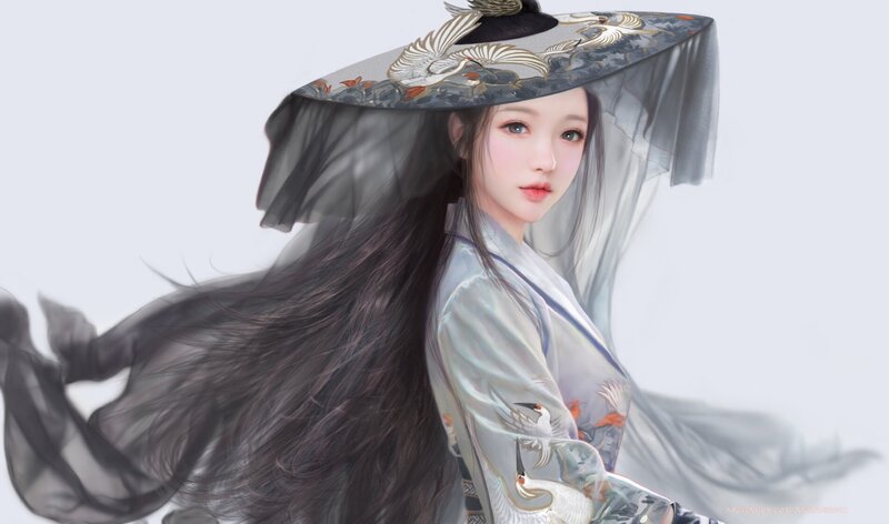 Woman in Traditional Clothing — White, Serene, Digital Art