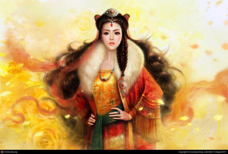 Woman in Traditional Clothing — Yellow, Dramatic, Digital Art