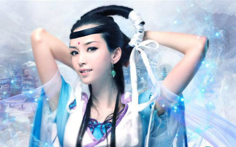 Woman in Traditional Costume — Blue, Serene, Digital Art