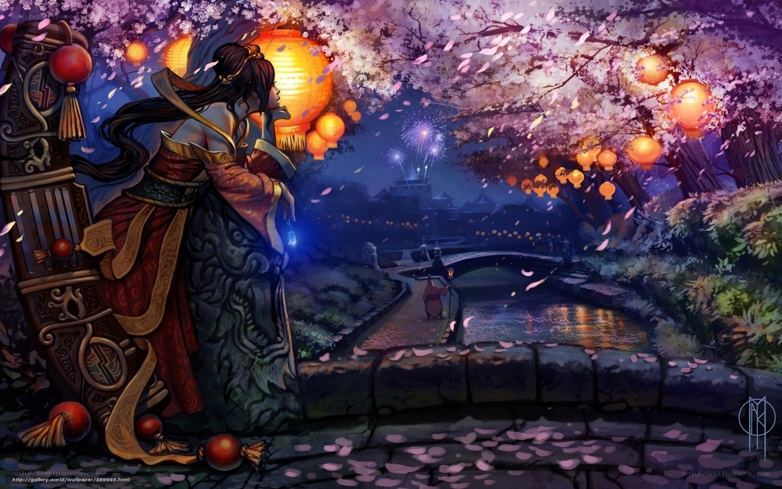 Woman in traditional dress at night festival