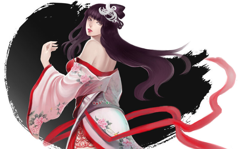 Woman in Traditional Dress — Black, Dramatic, Digital Art