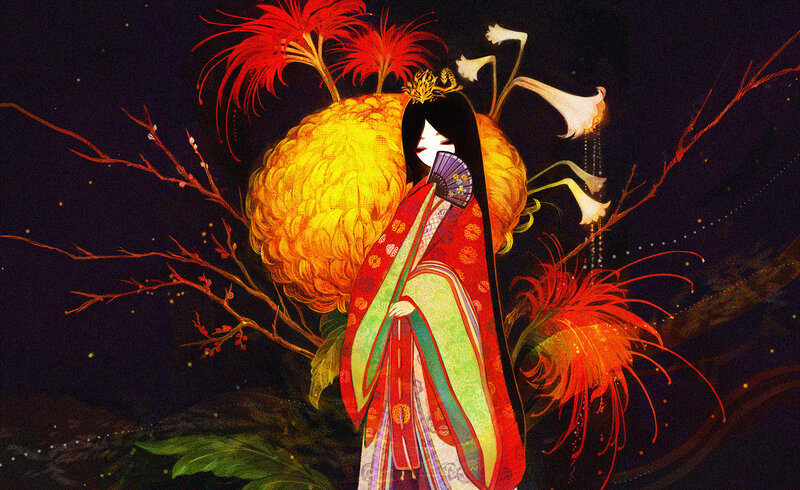 Woman in Traditional Dress — Black, Dramatic, Night, Digital Art