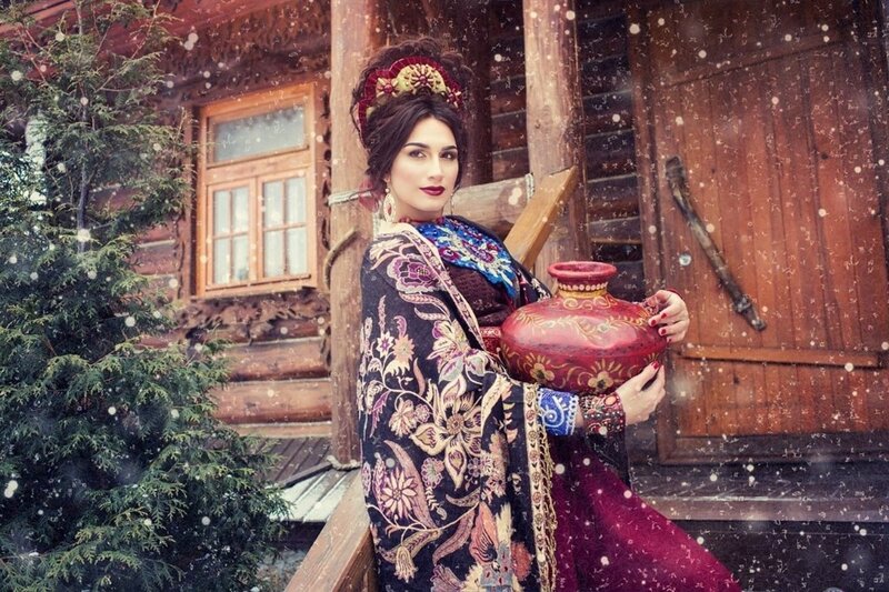 Woman in Traditional Dress — Black, Dramatic, Winter, Photograph