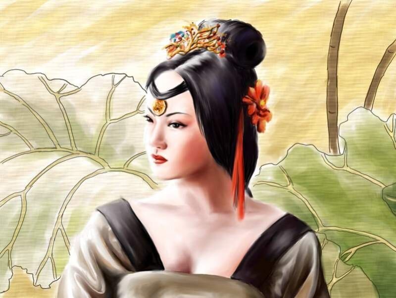 Woman in Traditional Dress — Black, Serene, Digital Art, Flower