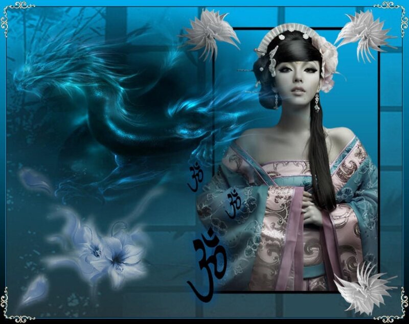 Woman in Traditional Dress — Blue, Dramatic, Digital Art, Dragon